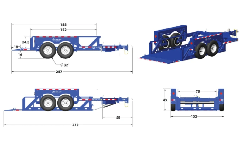Measurements:
Overall Length: 272"
Toolbox to Coupler: 58"
Overall Width: 102"
Height: 43"
Between Fenders: 75"
Deck Length: 188"
Height from Deck to top of Rails: 24.5"
Dovetail: 18"
Front of Rails to Back: 152"